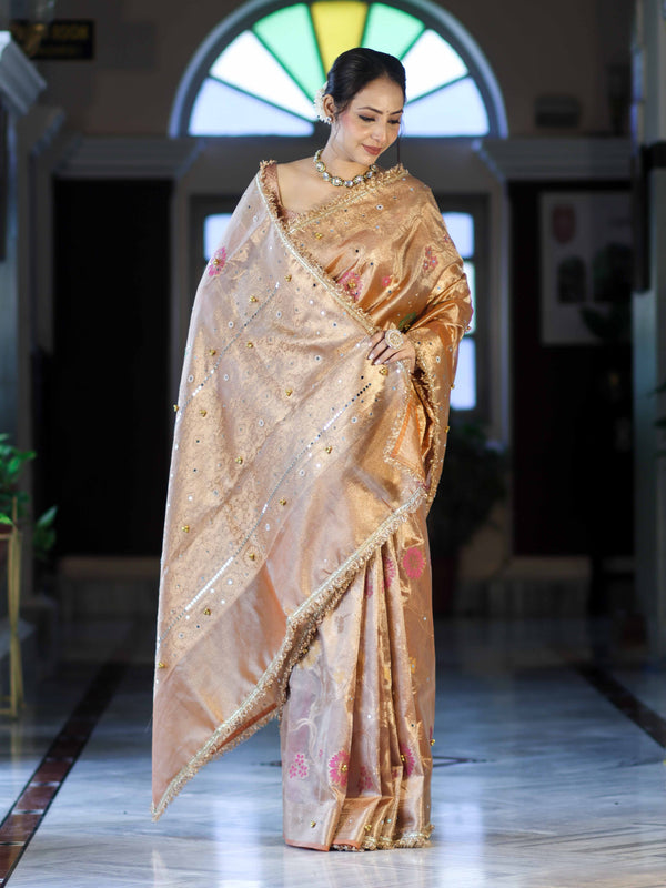 Banarasee Tissue Hand Embroidered Mirror Work Saree With Zari Resham & Ghungroo Work-Peach