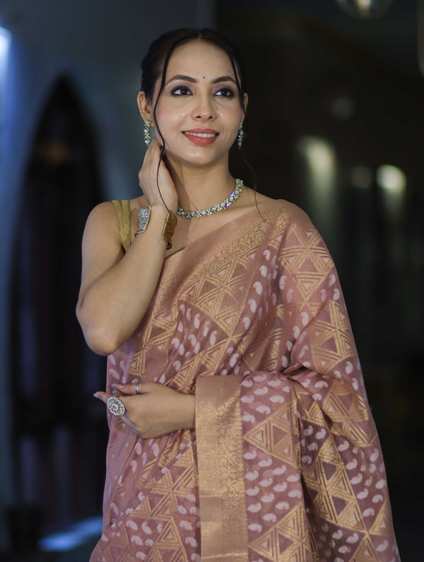 Banarasee Handloom Cotton Silk Saree With Zari & Resham Work-Peach