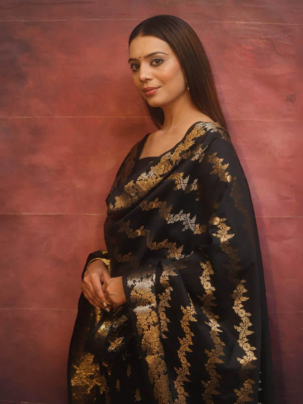 Banarasee Semi-Silk Salwar Kameez Fabric With Dupatta Set-Black
