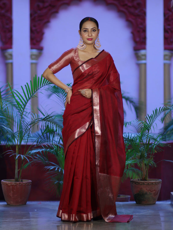 Banarasee Cotton Silk Plain Saree With Floral Zari Border-Maroon