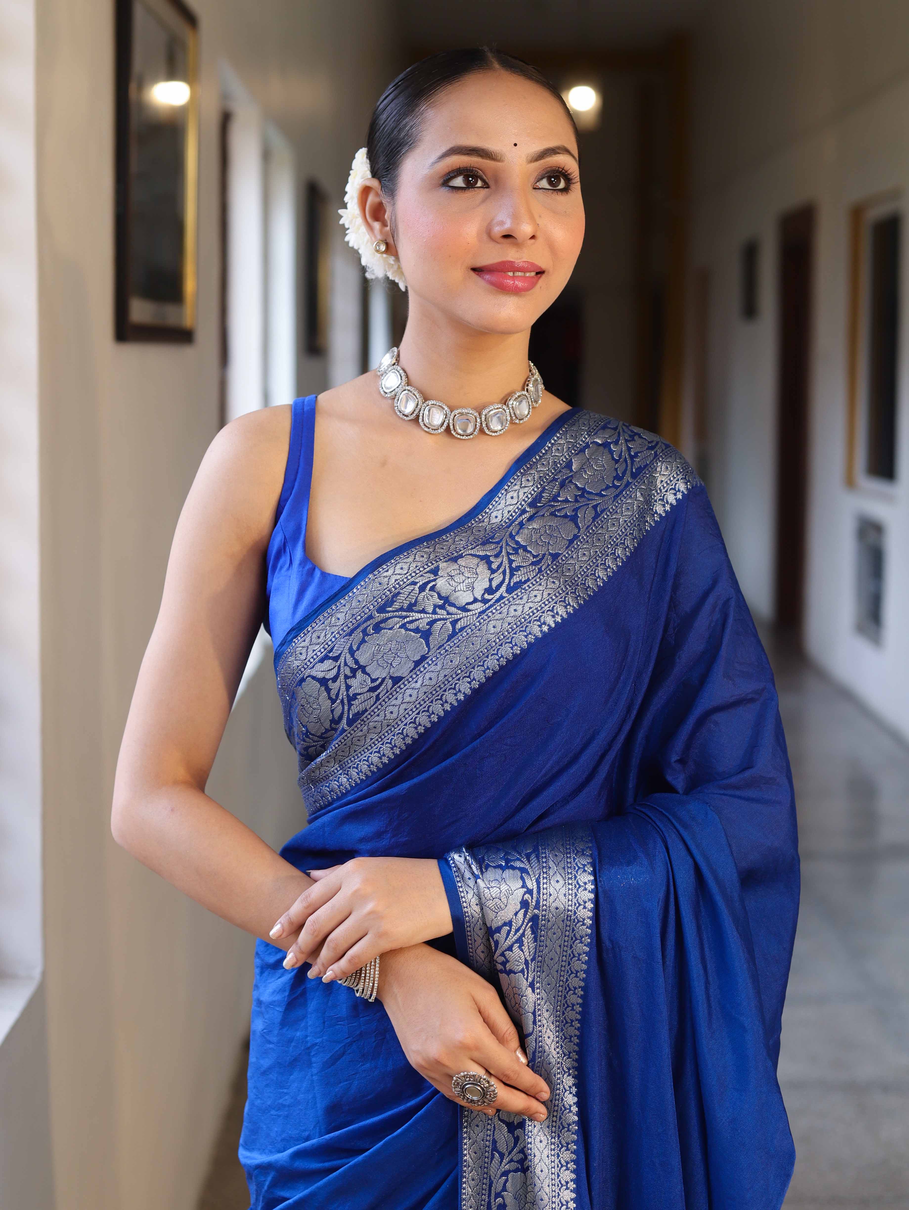 Banarasee Handwoven Plain Semi Silk Saree With Silver Zari Border-Cobalt Blue