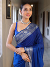 Banarasee Handwoven Plain Semi Silk Saree With Silver Zari Border-Cobalt Blue