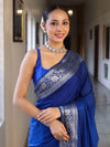 Banarasee Handwoven Plain Semi Silk Saree With Silver Zari Border-Cobalt Blue