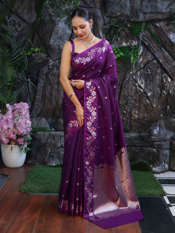 Banarasee Handloom Semi Silk Saree With Sona Rupa Zari Buti Design & Floral Border-Purple