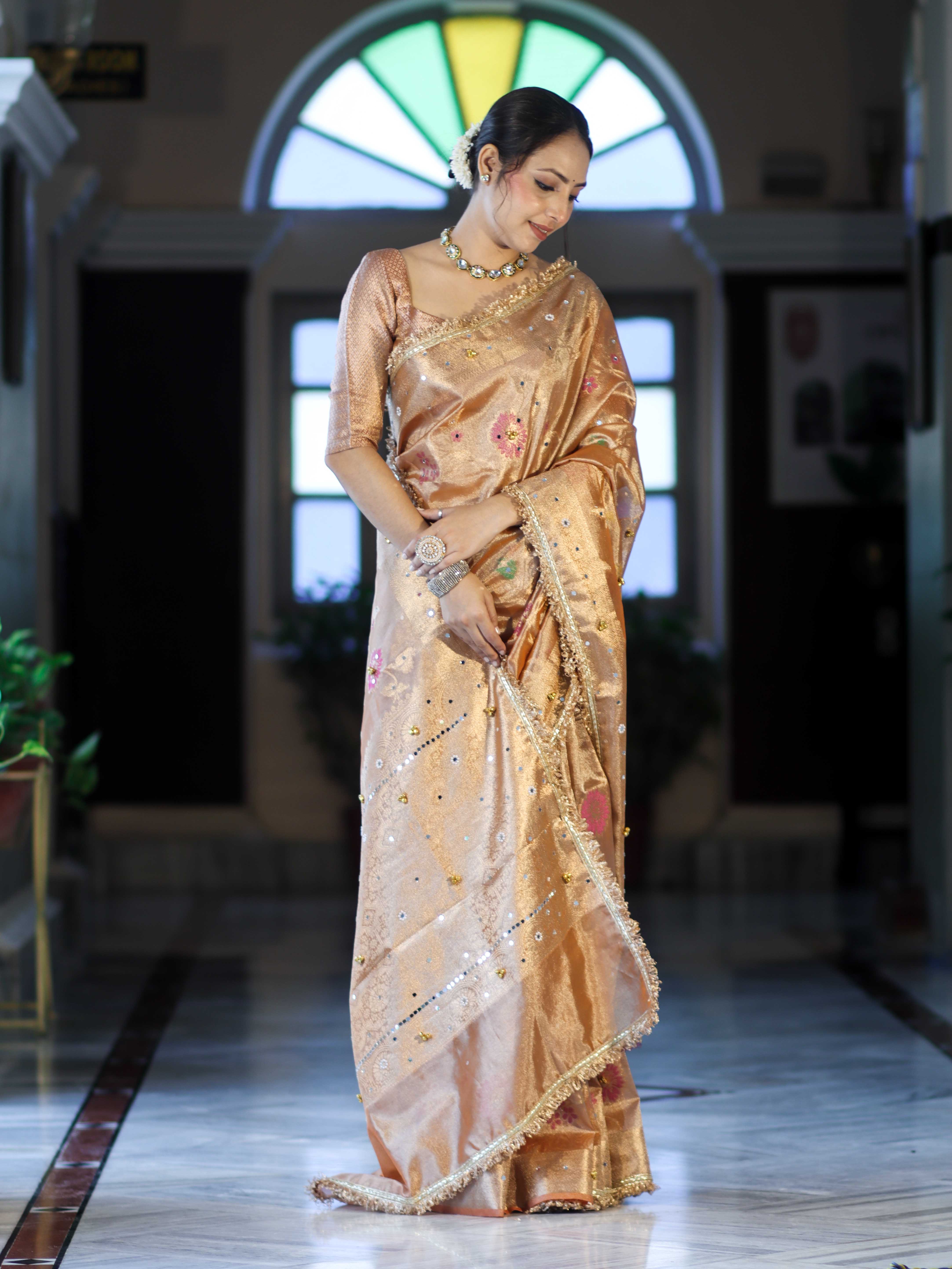 Banarasee Tissue Hand Embroidered Mirror Work Saree With Zari Resham & Ghungroo Work-Peach