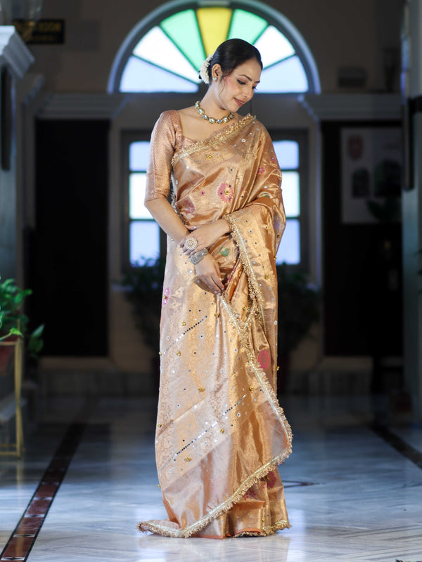 Banarasee Tissue Hand Embroidered Mirror Work Saree With Zari Resham & Ghungroo Work-Peach