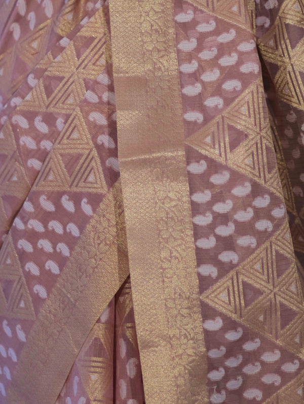 Banarasee Handloom Cotton Silk Saree With Zari & Resham Work-Peach