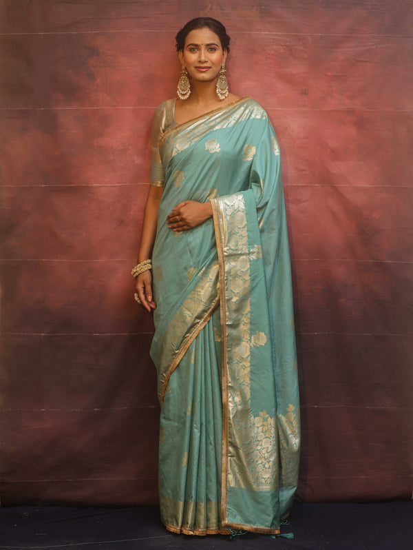 Banarasee Handwoven Semi Silk Saree With Zari Border & Lace-Pastel Blue