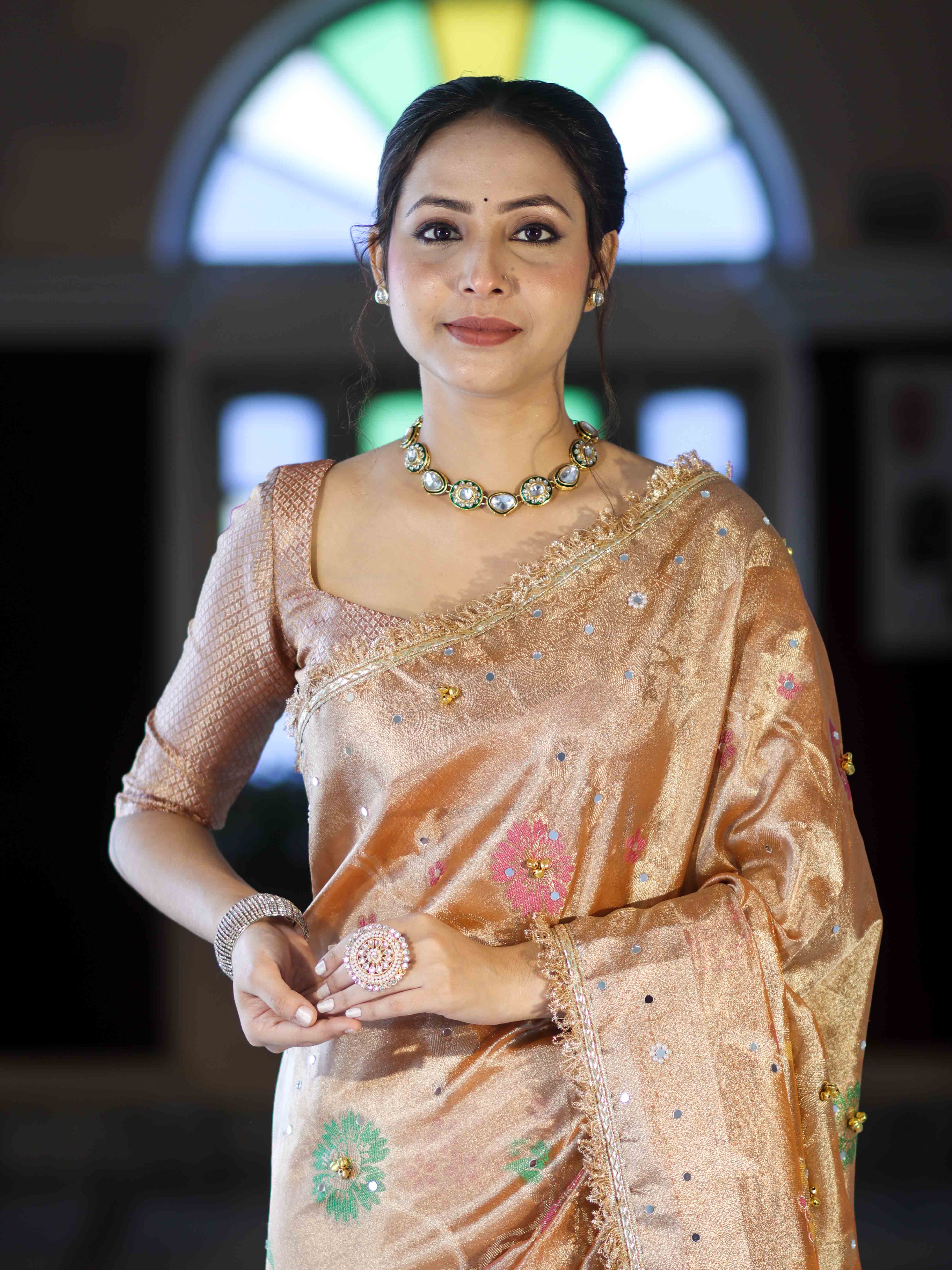 Banarasee Tissue Hand Embroidered Mirror Work Saree With Zari Resham & Ghungroo Work-Peach