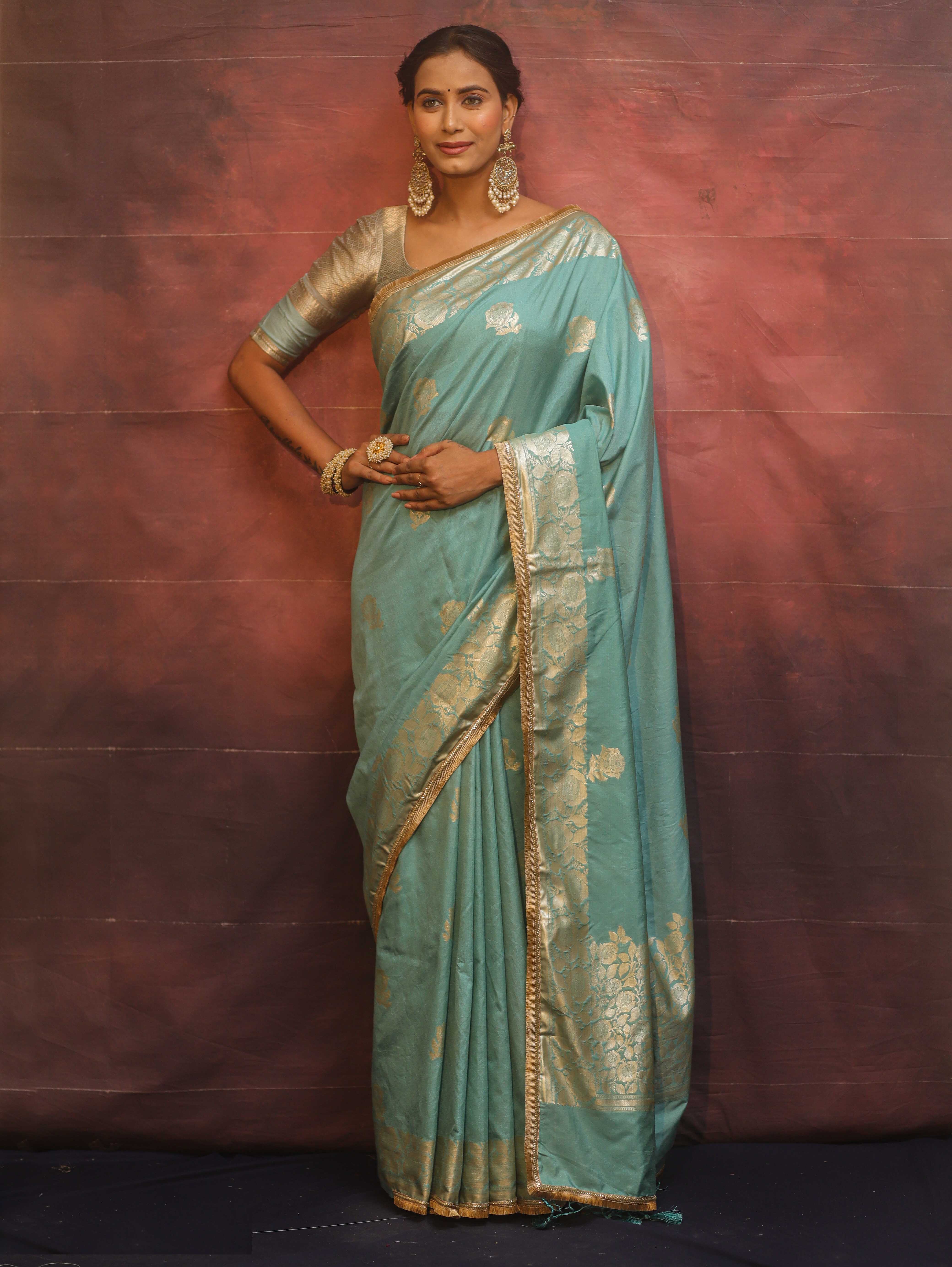 Banarasee Handwoven Semi Silk Saree With Zari Border & Lace-Pastel Blue