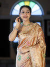 Banarasee Tissue Hand Embroidered Mirror Work Saree With Zari Resham & Ghungroo Work-Peach