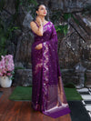 Banarasee Handloom Semi Silk Saree With Sona Rupa Zari Buti Design & Floral Border-Purple