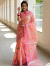 Banarasee Kota Checks Saree With Floral Buta & Border Design-Pink