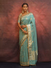 Banarasee Handwoven Semi Silk Saree With Zari Border & Lace-Pastel Blue