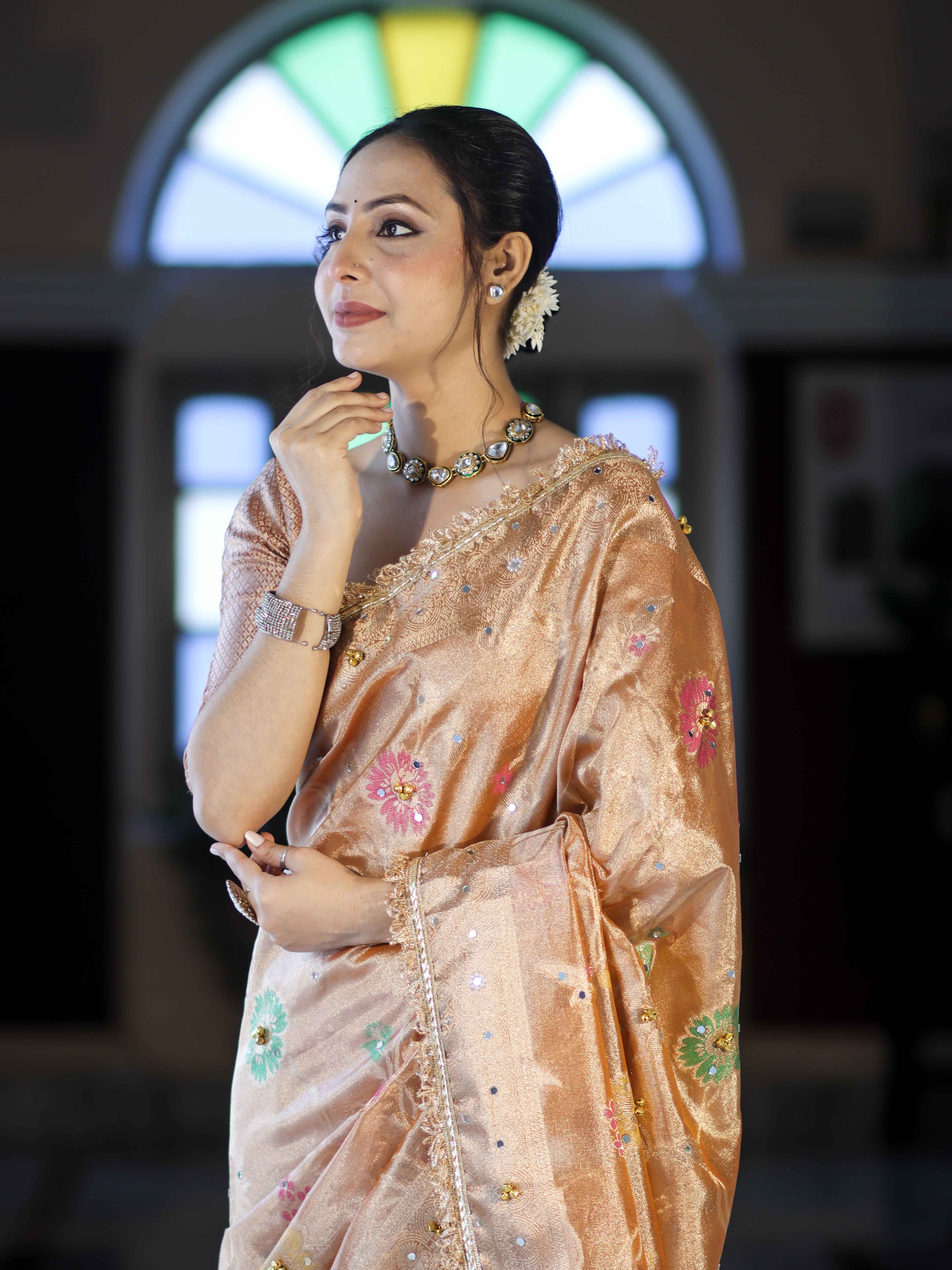 Banarasee Tissue Hand Embroidered Mirror Work Saree With Zari Resham & Ghungroo Work-Peach