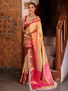 Banarasee Handwoven Tissue Saree With Gold Zari Design Contrast Border & Lace-Gold & Pink