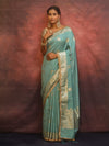 Banarasee Handwoven Semi Silk Saree With Zari Border & Lace-Pastel Blue