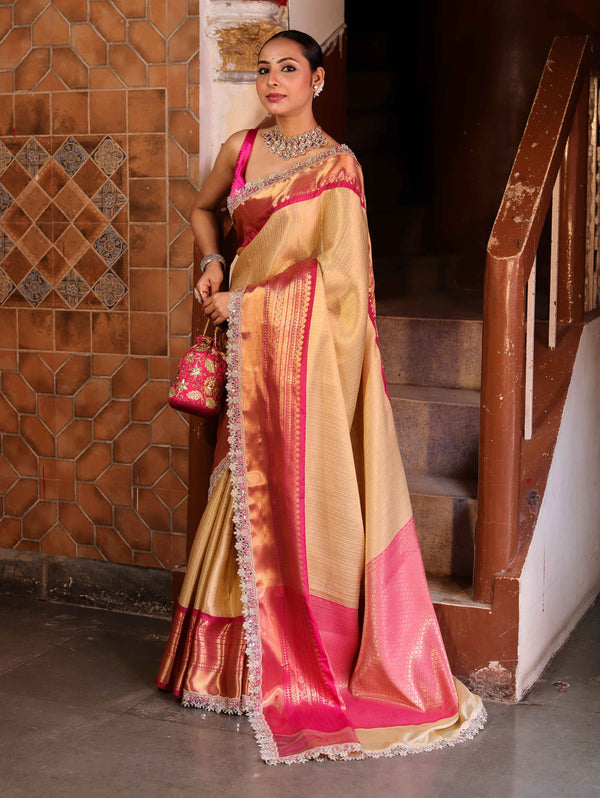 Banarasee Handwoven Tissue Saree With Gold Zari Design Contrast Border & Lace-Gold & Pink