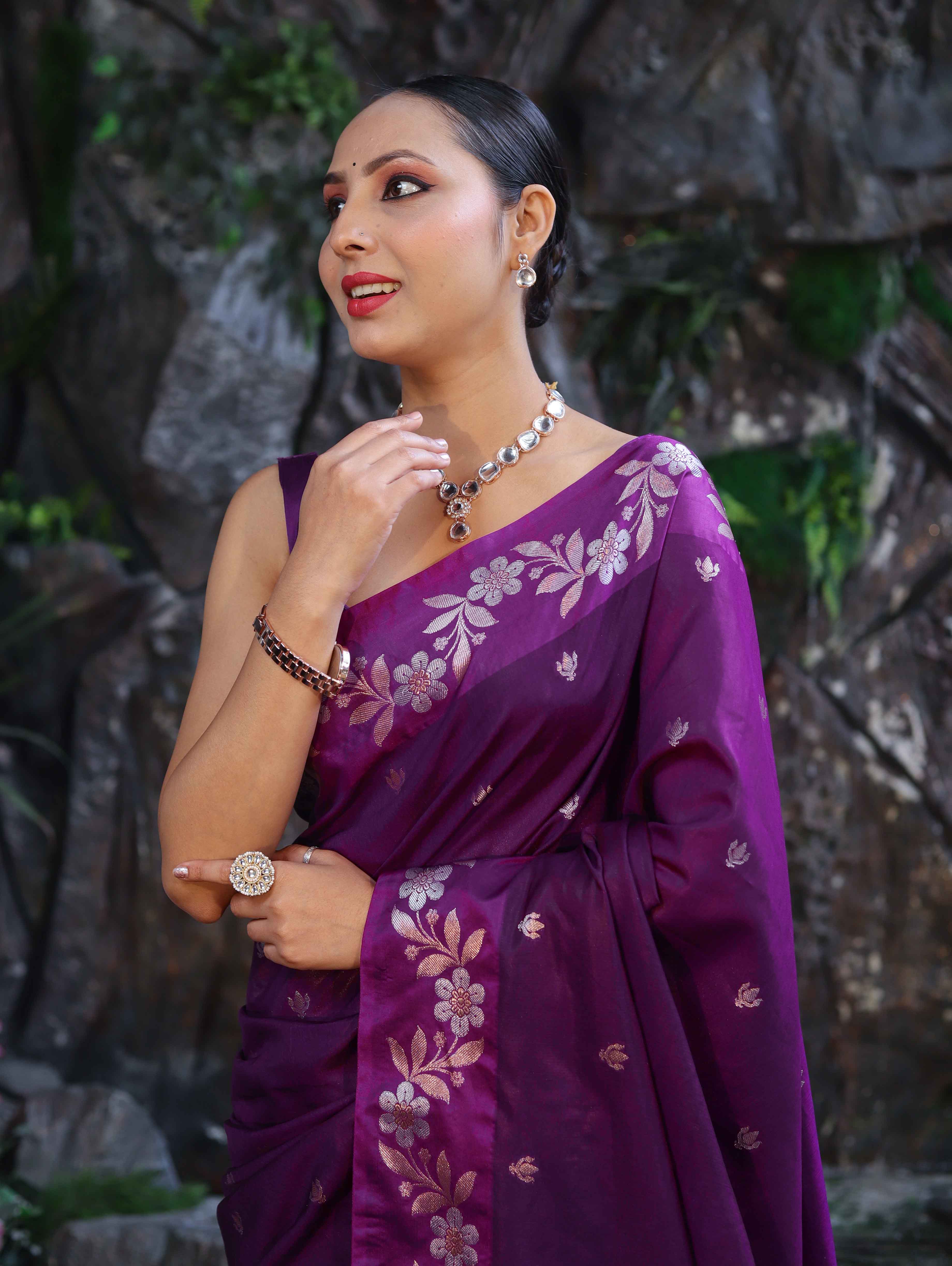 Banarasee Handloom Semi Silk Saree With Sona Rupa Zari Buti Design & Floral Border-Purple