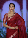 Banarasee Cotton Silk Plain Saree With Floral Zari Border-Maroon