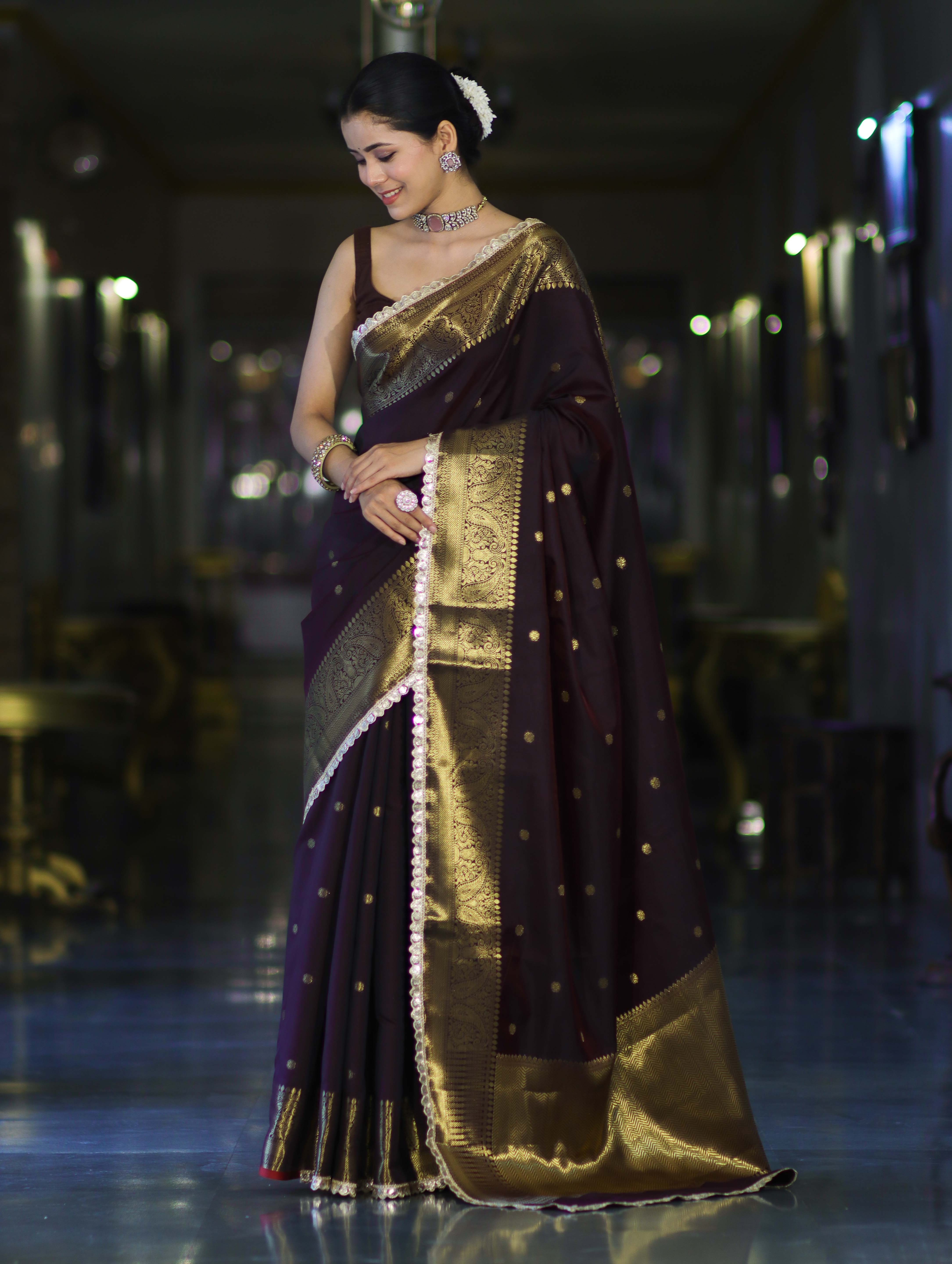 Banarasee Handloom Semi Silk Saree With Buti Design Zari Border & Lace-Brown (Maroon Tone)