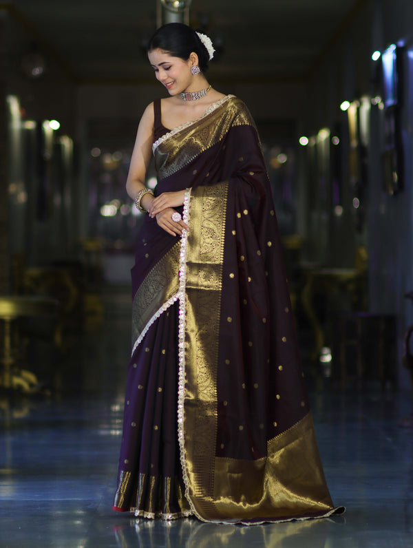 Banarasee Handloom Semi Silk Saree With Buti Design Zari Border & Lace-Brown (Maroon Tone)