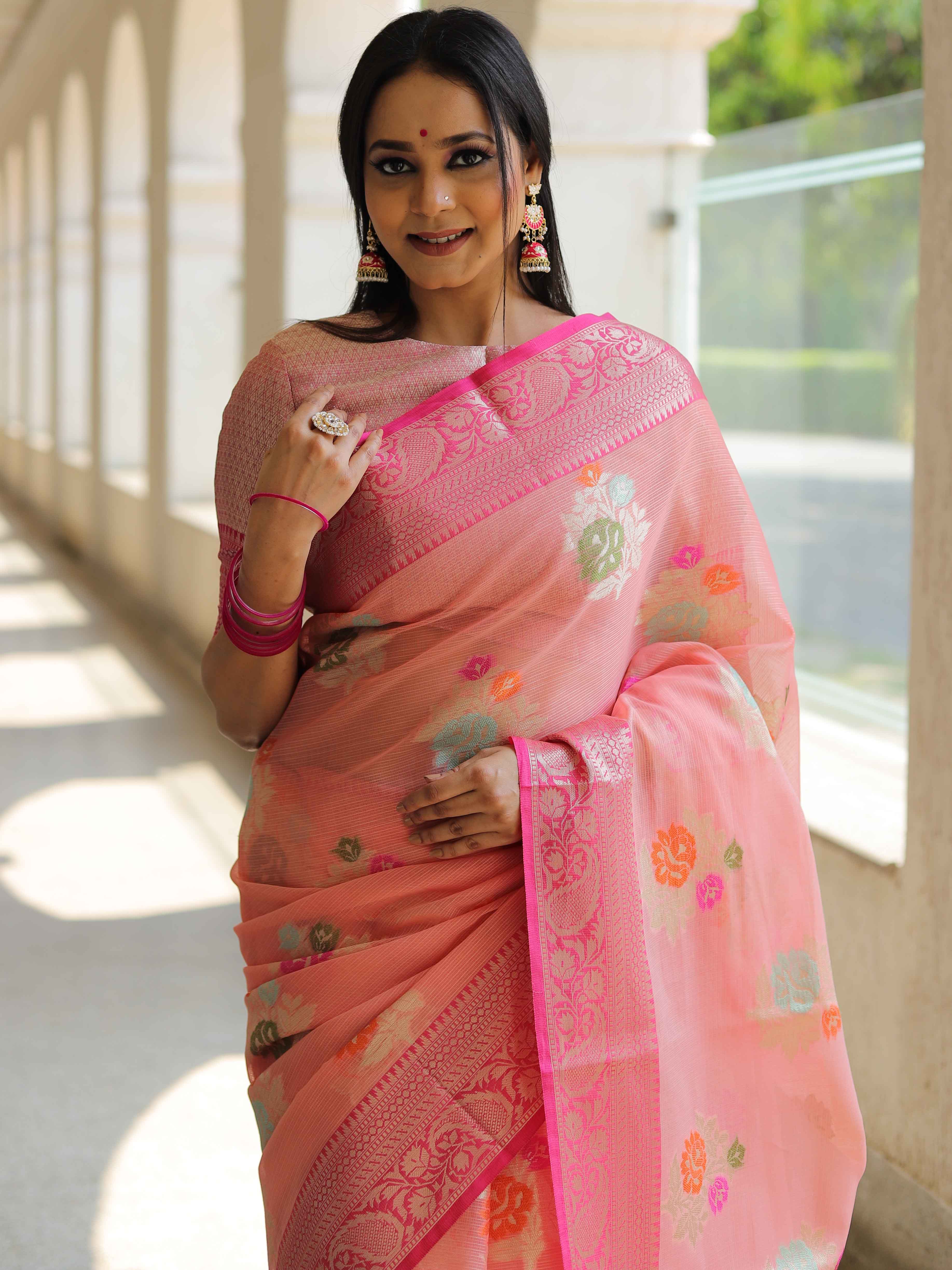 Banarasee Kota Checks Saree With Floral Buta & Border Design-Pink