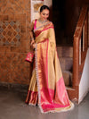 Banarasee Handwoven Tissue Saree With Gold Zari Design Contrast Border & Lace-Gold & Pink