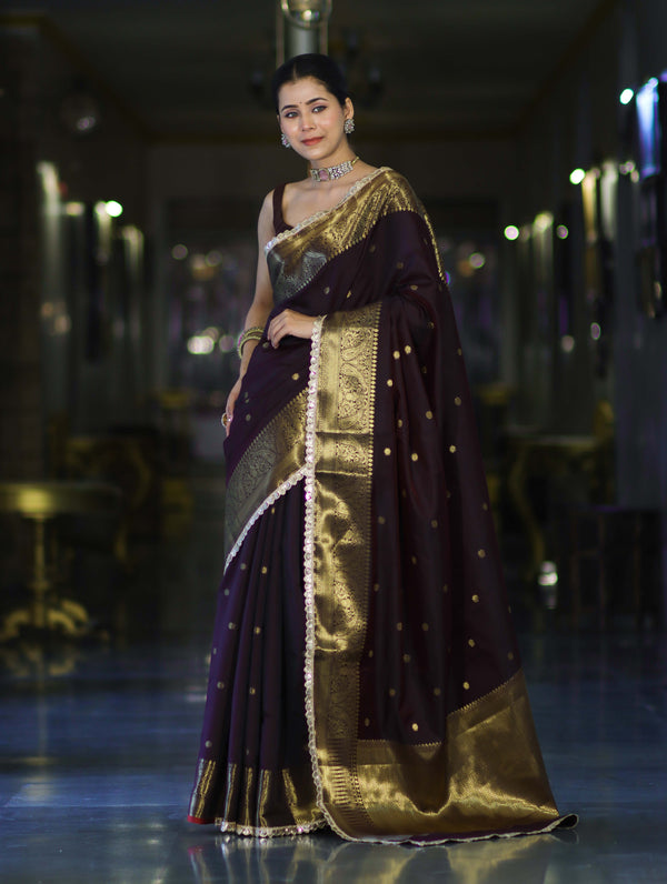 Banarasee Handloom Semi Silk Saree With Buti Design Zari Border & Lace-Brown (Maroon Tone)