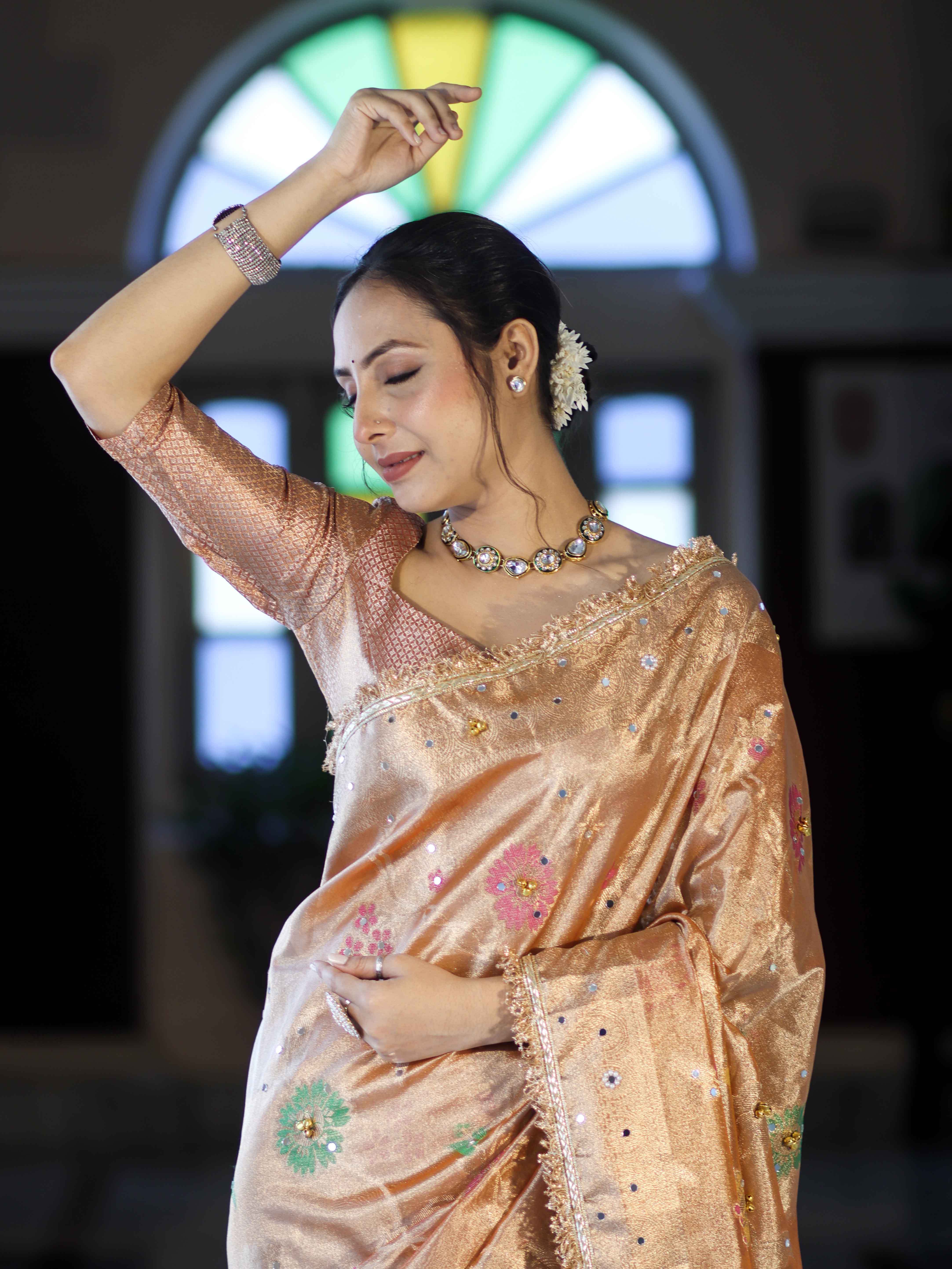 Banarasee Tissue Hand Embroidered Mirror Work Saree With Zari Resham & Ghungroo Work-Peach