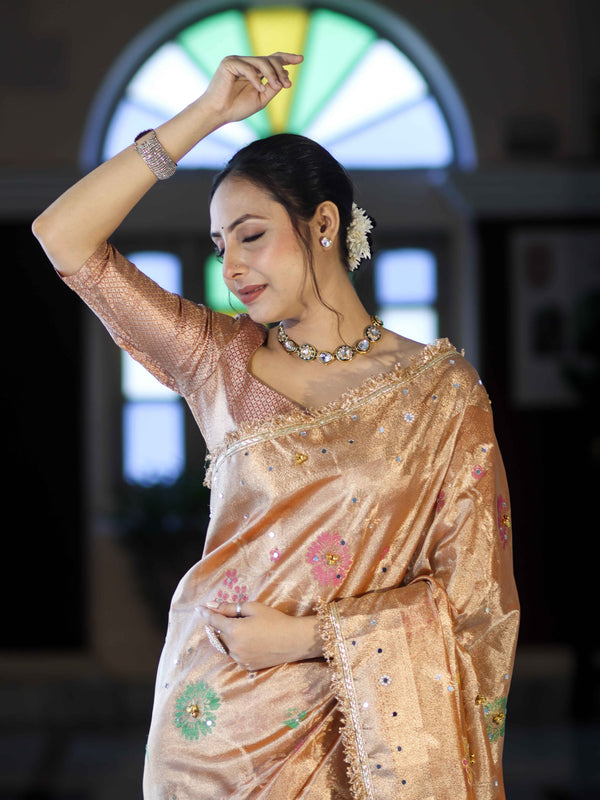 Banarasee Tissue Hand Embroidered Mirror Work Saree With Zari Resham & Ghungroo Work-Peach