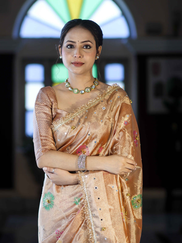 Banarasee Tissue Hand Embroidered Mirror Work Saree With Zari Resham & Ghungroo Work-Peach