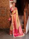 Banarasee Handwoven Tissue Saree With Gold Zari Design Contrast Border & Lace-Gold & Pink