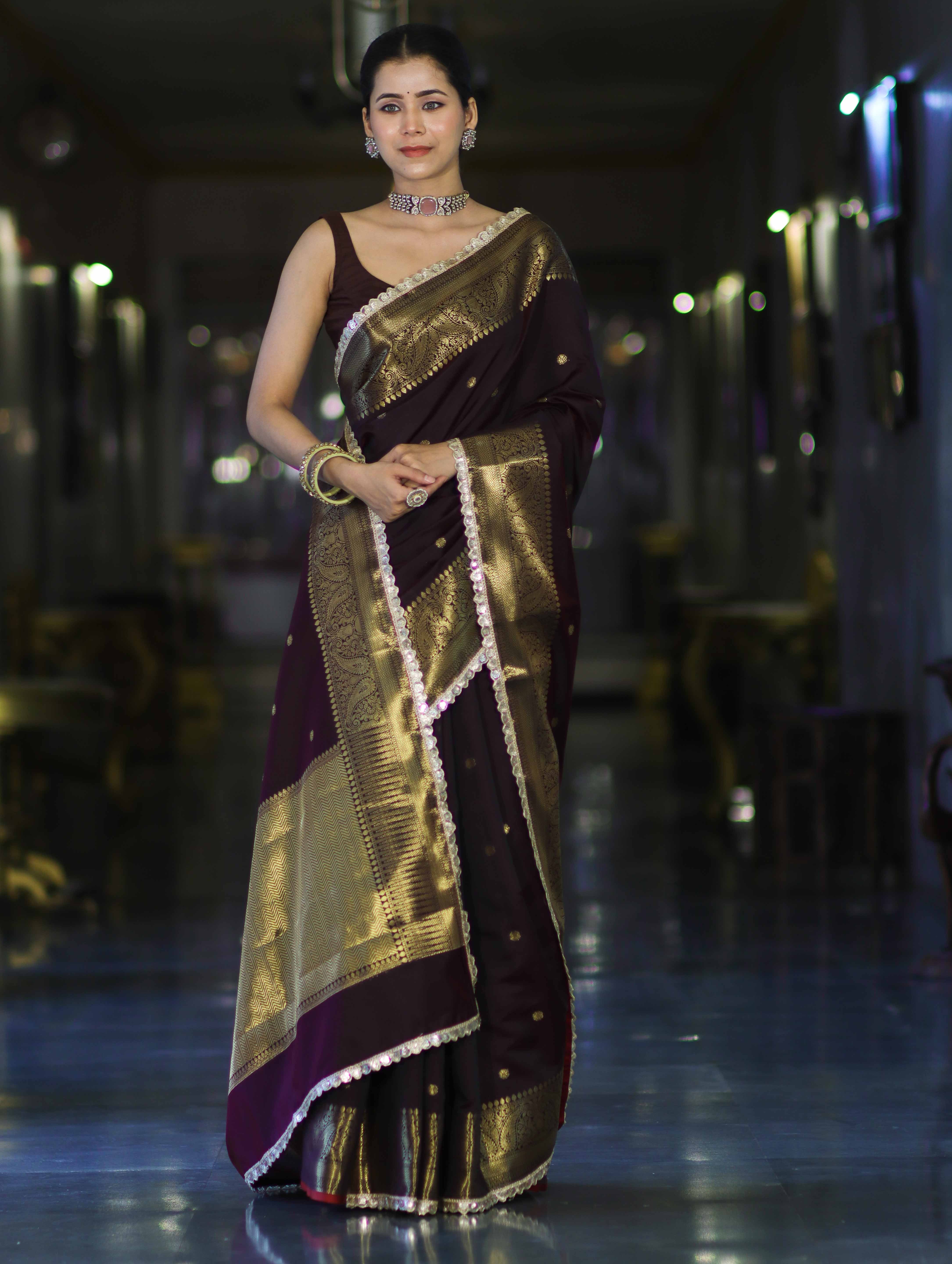 Banarasee Handloom Semi Silk Saree With Buti Design Zari Border & Lace-Brown (Maroon Tone)
