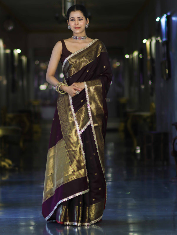 Banarasee Handloom Semi Silk Saree With Buti Design Zari Border & Lace-Brown (Maroon Tone)