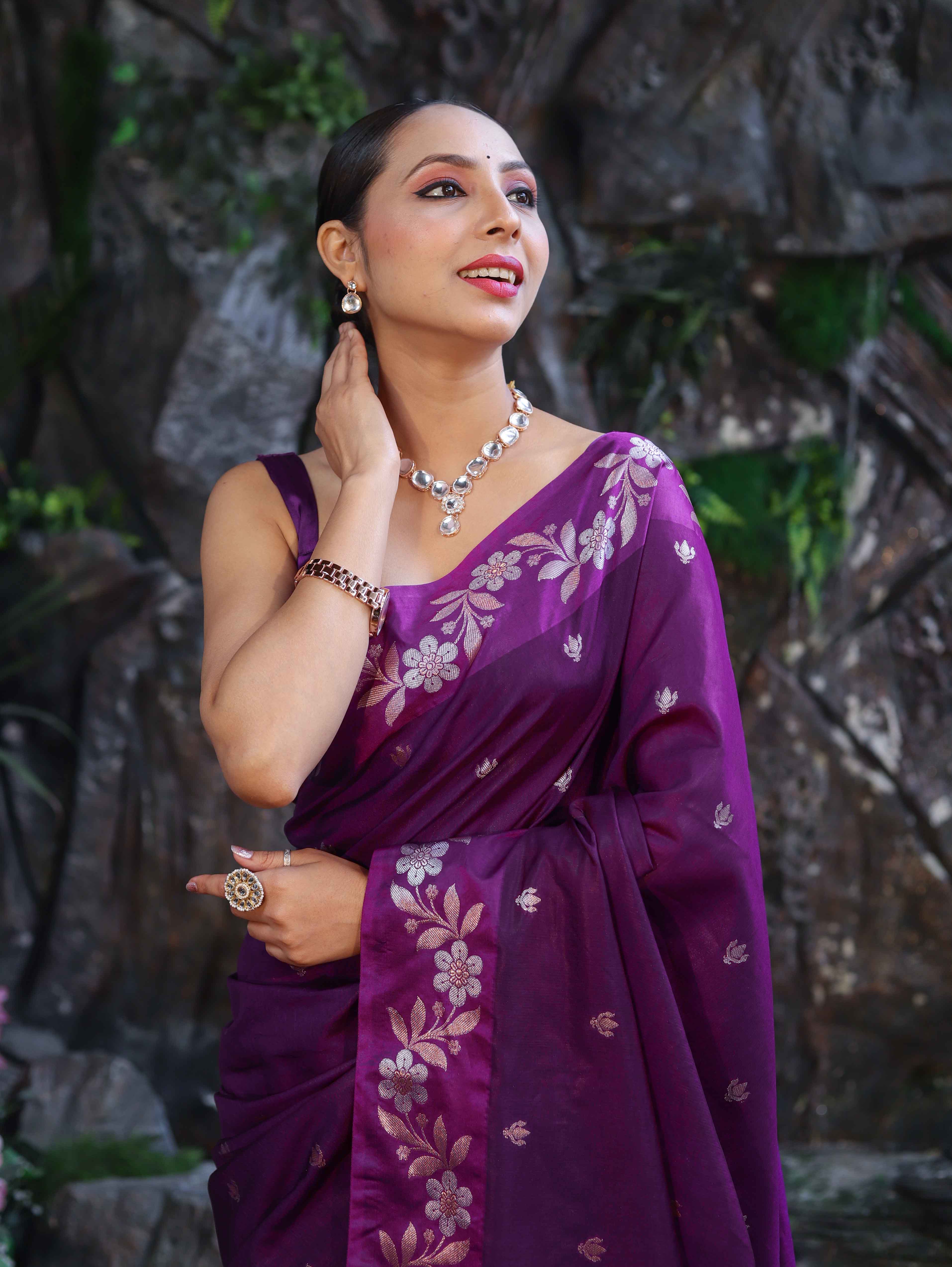 Banarasee Handloom Semi Silk Saree With Sona Rupa Zari Buti Design & Floral Border-Purple