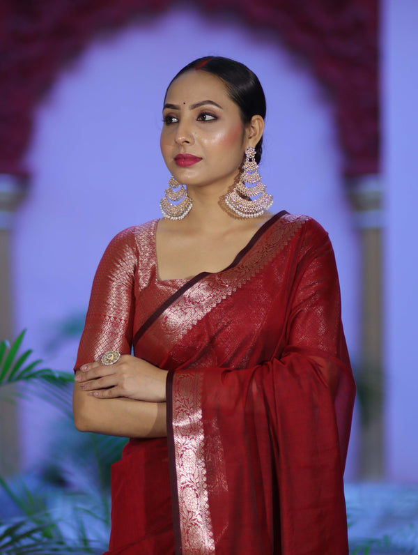 Banarasee Cotton Silk Plain Saree With Floral Zari Border-Maroon