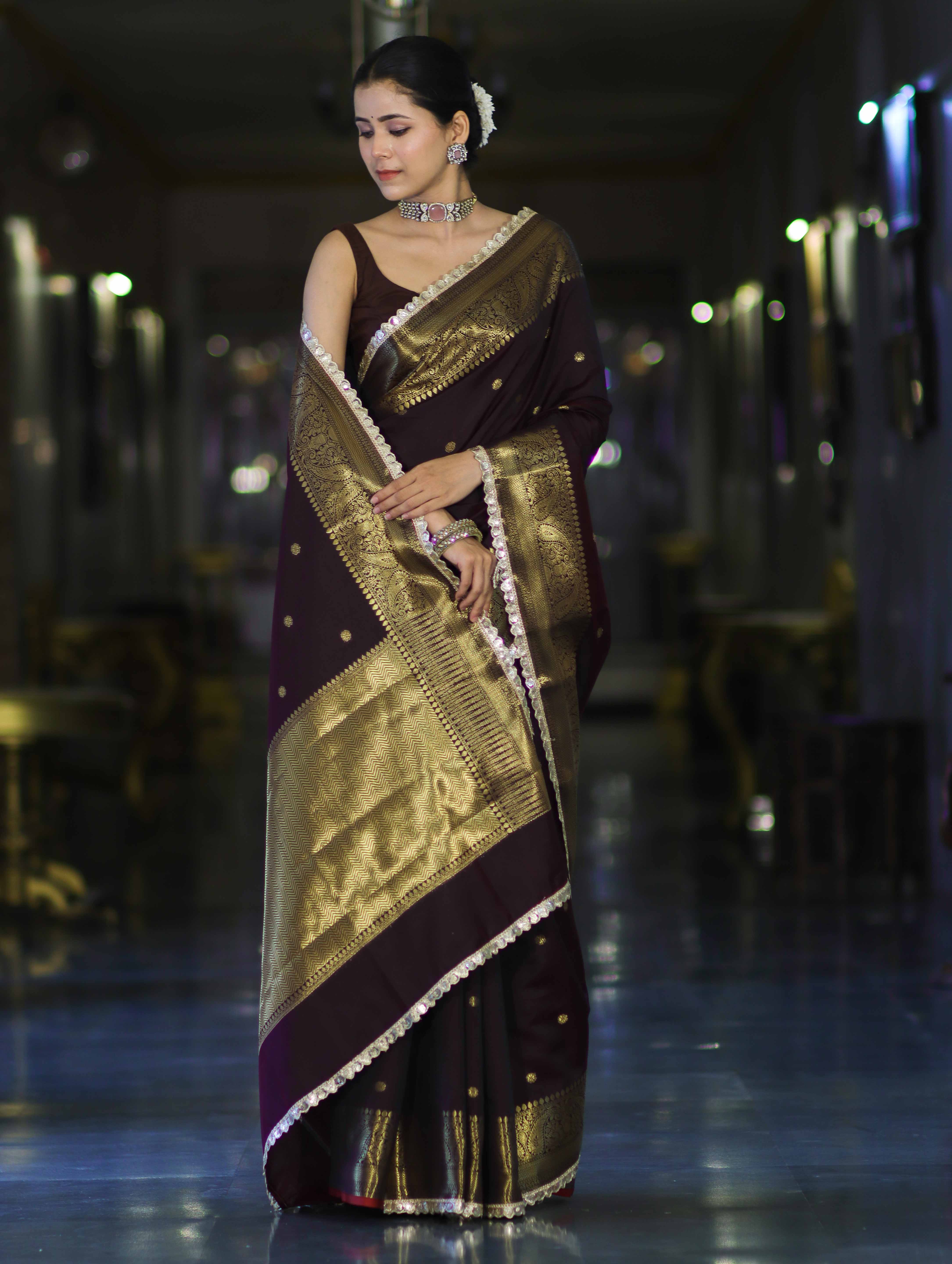 Banarasee Handloom Semi Silk Saree With Buti Design Zari Border & Lace-Brown (Maroon Tone)