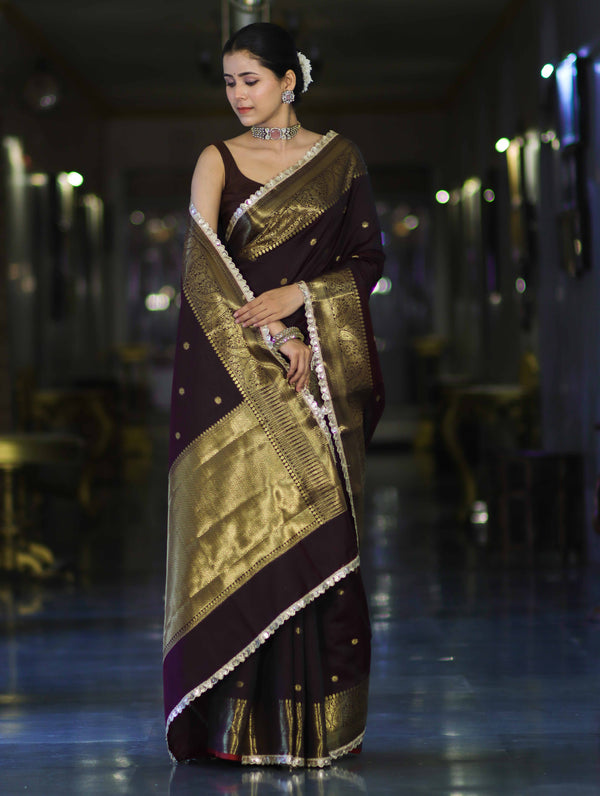 Banarasee Handloom Semi Silk Saree With Buti Design Zari Border & Lace-Brown (Maroon Tone)
