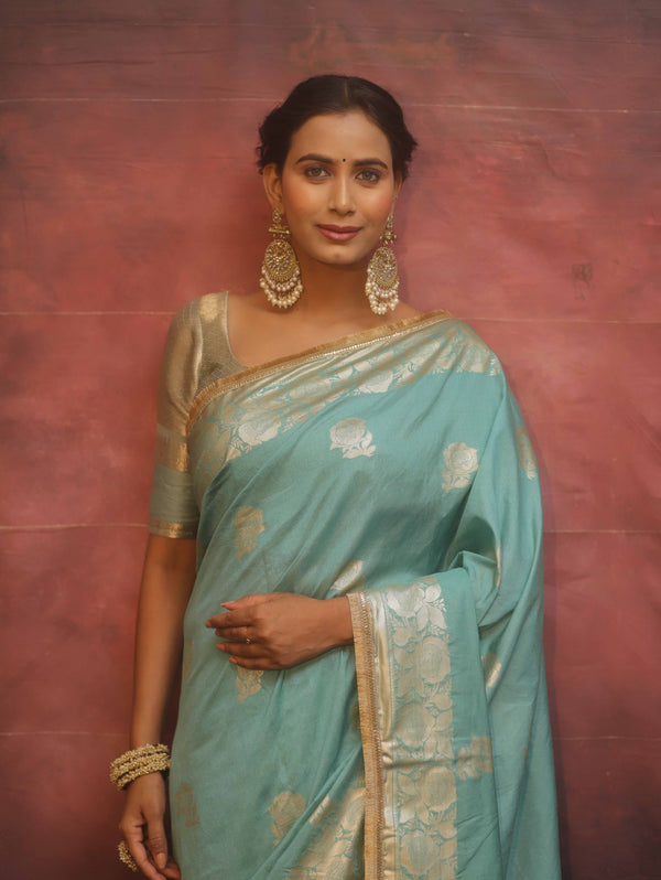 Banarasee Handwoven Semi Silk Saree With Zari Border & Lace-Pastel Blue