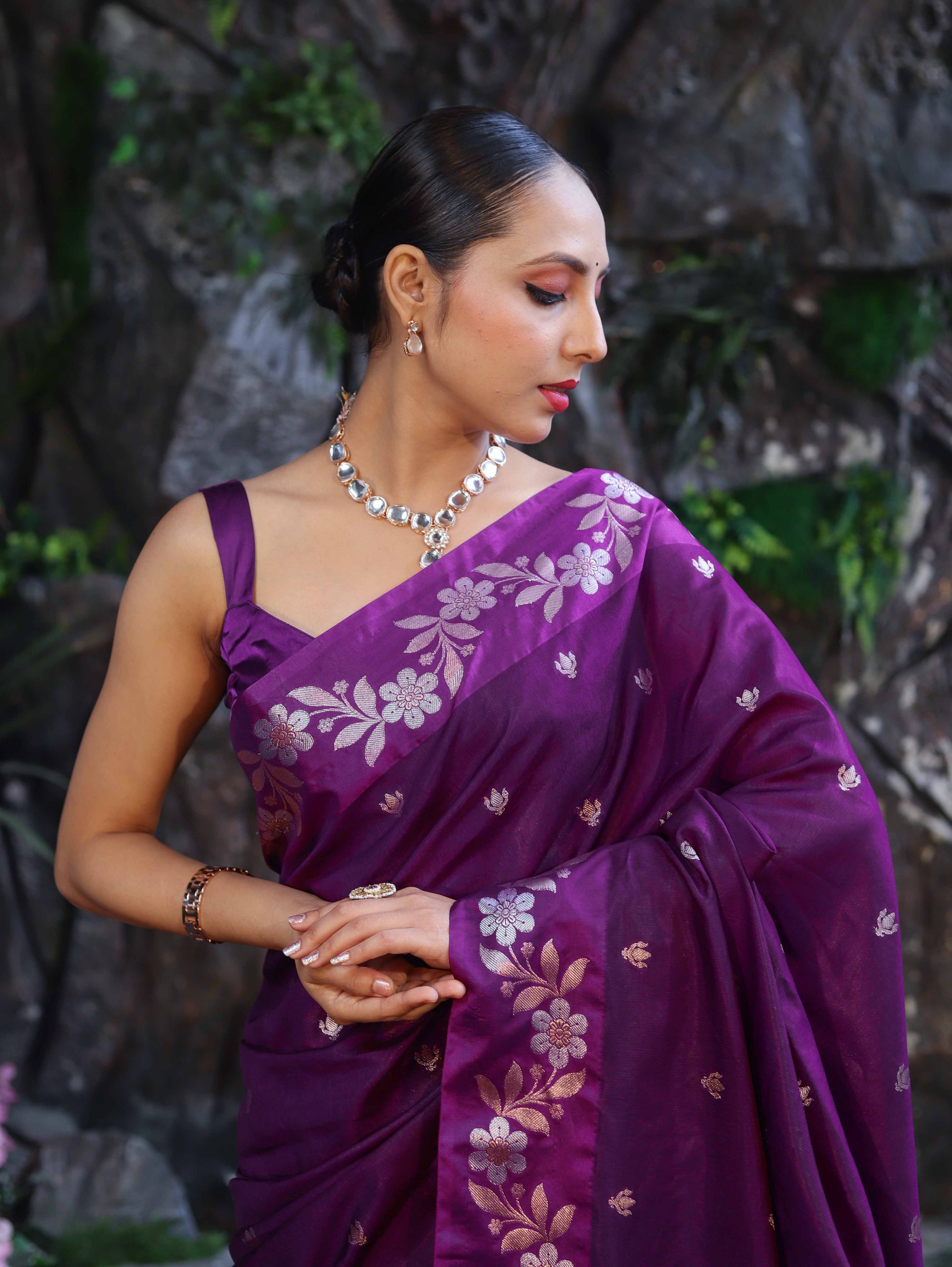 Banarasee Handloom Semi Silk Saree With Sona Rupa Zari Buti Design & Floral Border-Purple