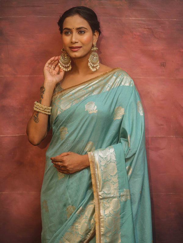 Banarasee Handwoven Semi Silk Saree With Zari Border & Lace-Pastel Blue