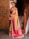 Banarasee Handwoven Tissue Saree With Gold Zari Design Contrast Border & Lace-Gold & Pink
