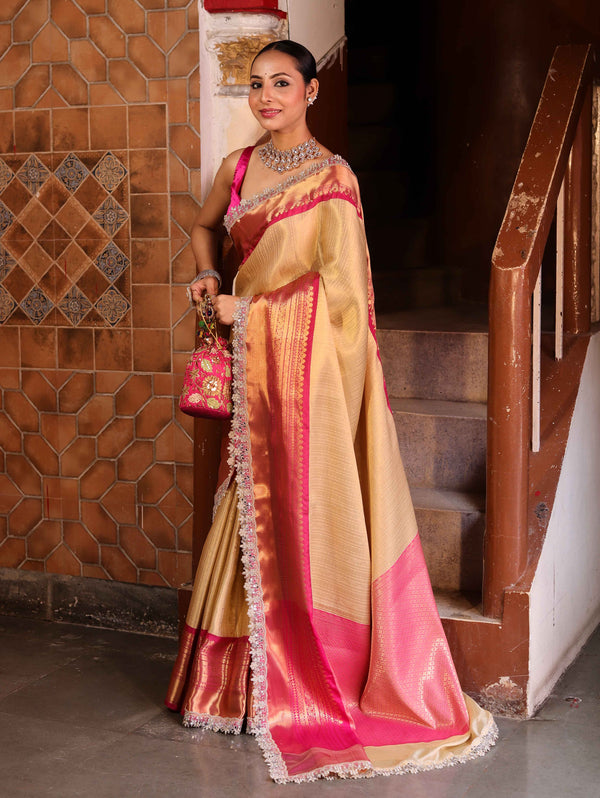 Banarasee Handwoven Tissue Saree With Gold Zari Design Contrast Border & Lace-Gold & Pink