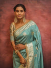 Banarasee Handwoven Semi Silk Saree With Zari Border & Lace-Pastel Blue