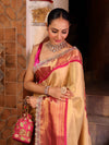 Banarasee Handwoven Tissue Saree With Gold Zari Design Contrast Border & Lace-Gold & Pink