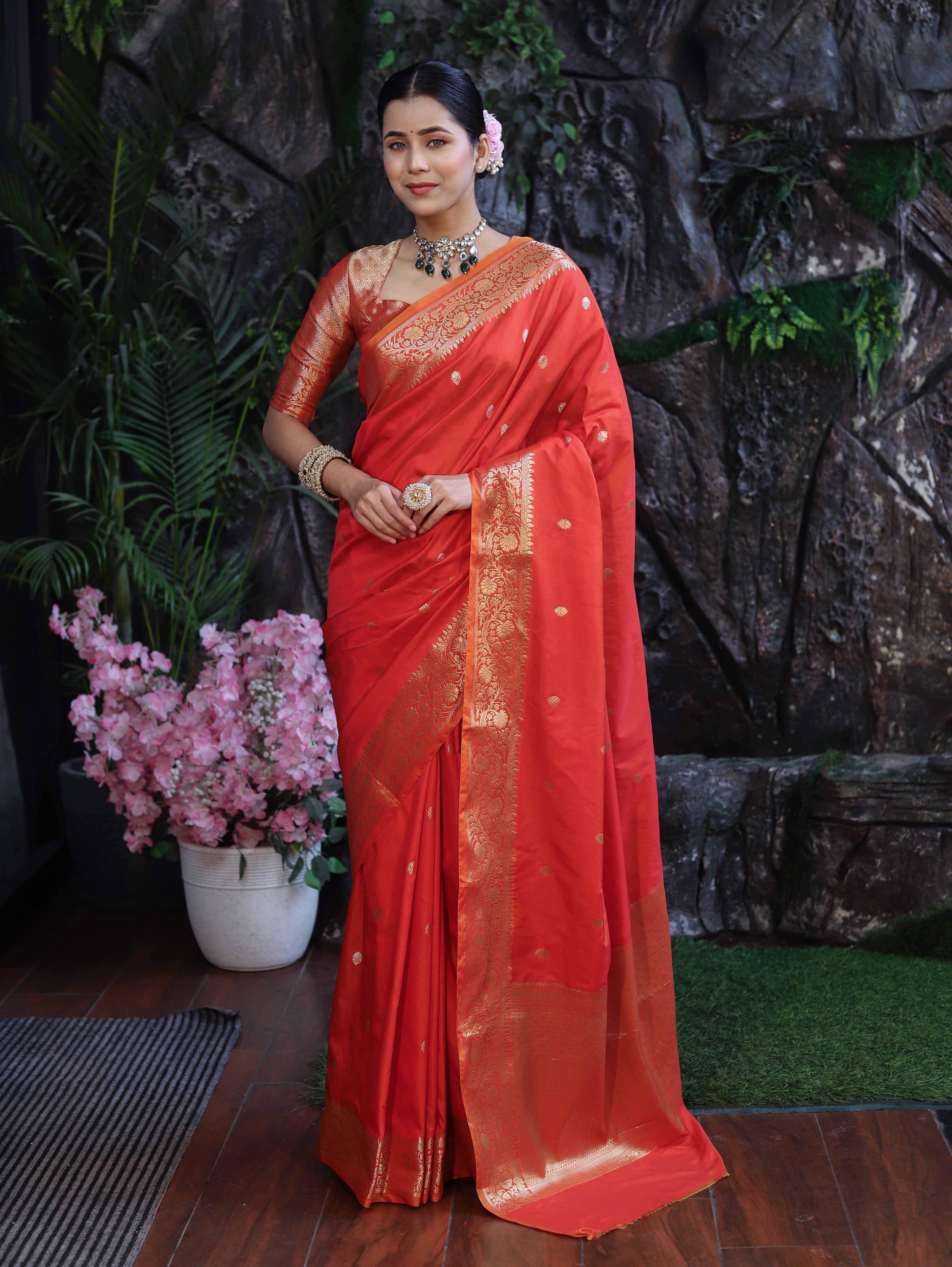 Banarasee Handloom Dual Shade Semi Silk Saree With Zari Buti Work & Border-Rust