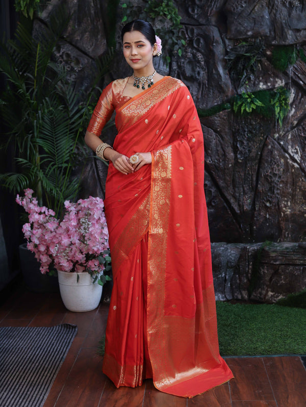 Banarasee Handloom Dual Shade Semi Silk Saree With Zari Buti Work & Border-Rust