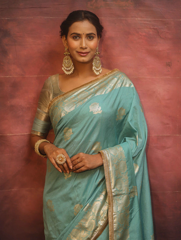 Banarasee Handwoven Semi Silk Saree With Zari Border & Lace-Pastel Blue