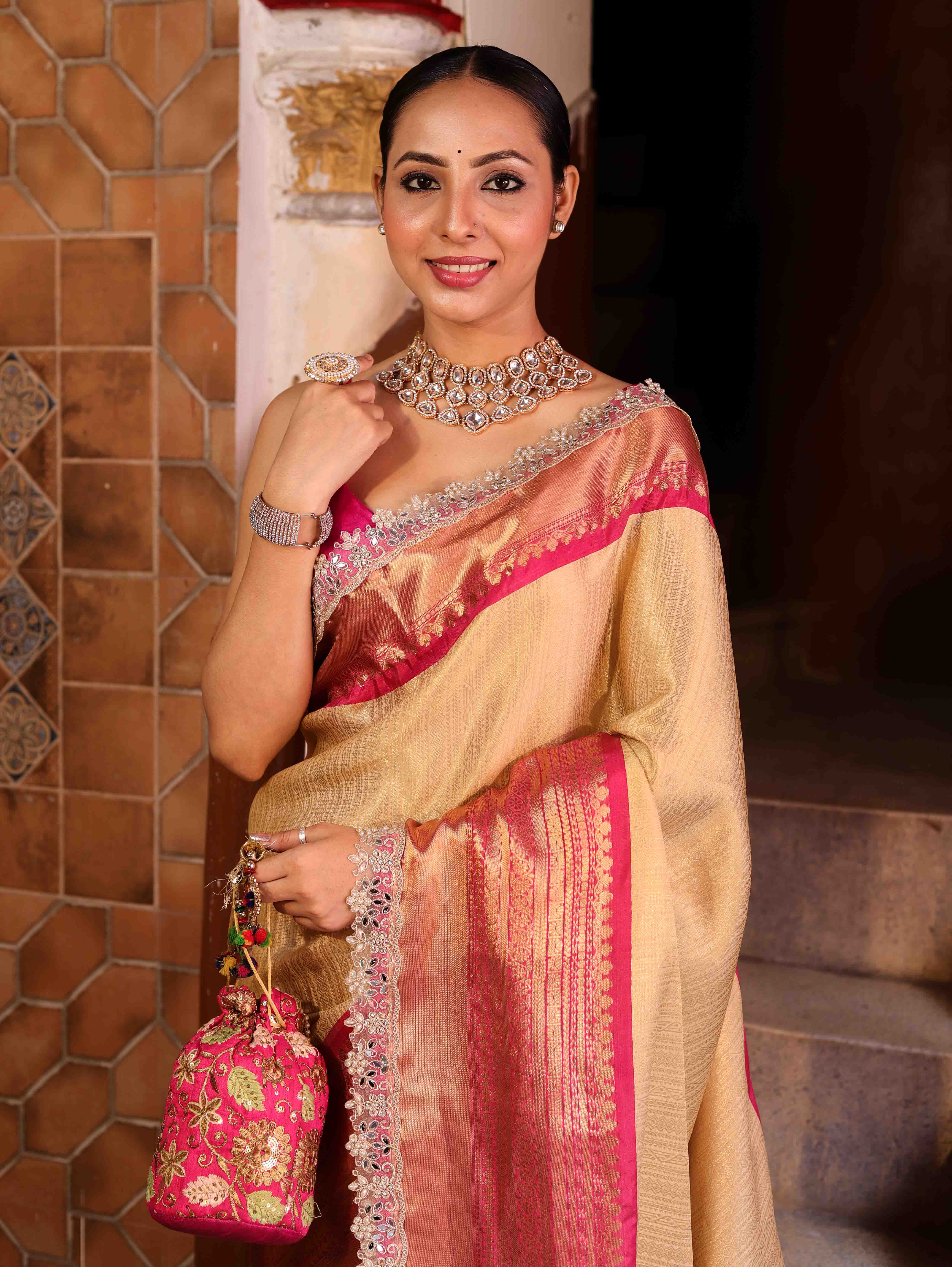 Banarasee Handwoven Tissue Saree With Gold Zari Design Contrast Border & Lace-Gold & Pink